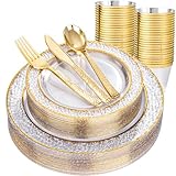 Nervure 150Pcs Clear Plastic Plates with Gold Hammered Silverware include 25Dinner Plate, 25Dessert Plate, 25Knives, 25Forks, 25Spoons and 25Cups for Wedding & Parties & Holiday