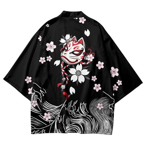 Image of DOSLAVIDA Men's Japanese Kimono Jacket Set Stylish Open Front Coat With Shorts Chinese Style Printed Cardigan Suit