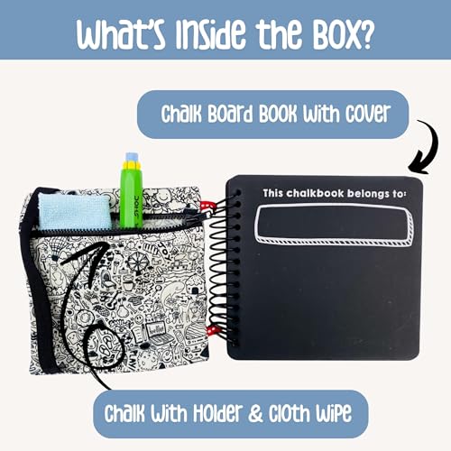 Image of Berrybee Kids Reusable Chalkboard Activity Book | 12 Erasable Learning Activities with Chalk & Holder | Portable Screen-Free Educational Travel Toy for Boys & Girls Age 4+