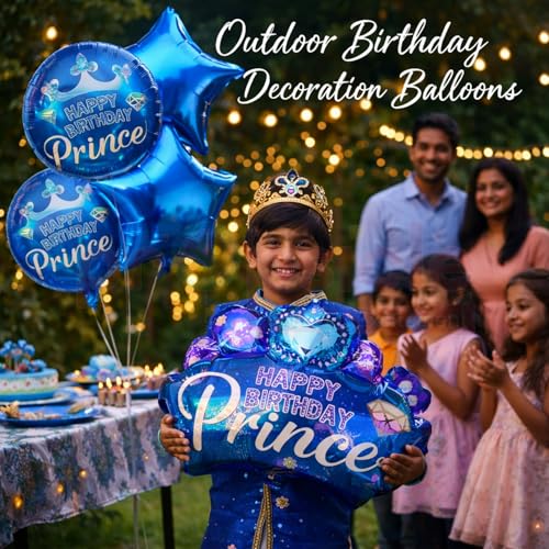Image of Propsicle Blue Crown Foil Balloon Set of 5 Prince Theme Kids Birthday Decoration Kit, 32 Inch Crown Balloon with 18 Inch Star and Round Balloons Supports Air and Helium Inflation