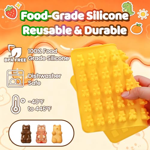 Image of Gummy Candy Molds with 2pcs Droppers, Silicone Bear Dinosaur Fruit Snack Molds, Non-stick Silicone Chocolate Molds for Gummies Candy Chocolate Baking