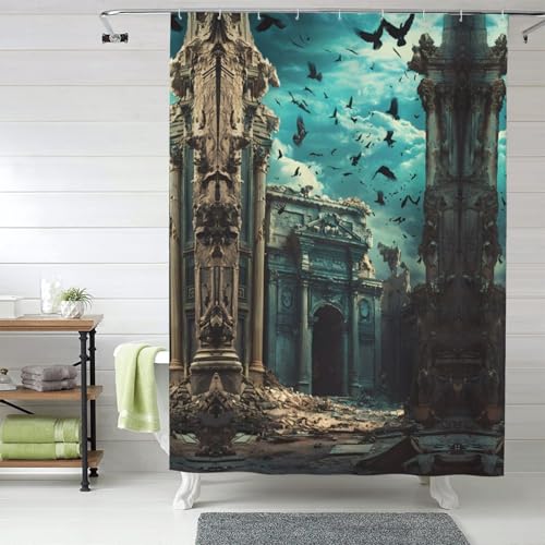 Ruined Temple with Crows Shower Curtain, Fabric Shower Curtains for Bathroom, Thick Heavy Duty Waterproof Cute Bathroom Shower Curtain Machine Washable, 60x72 Inches