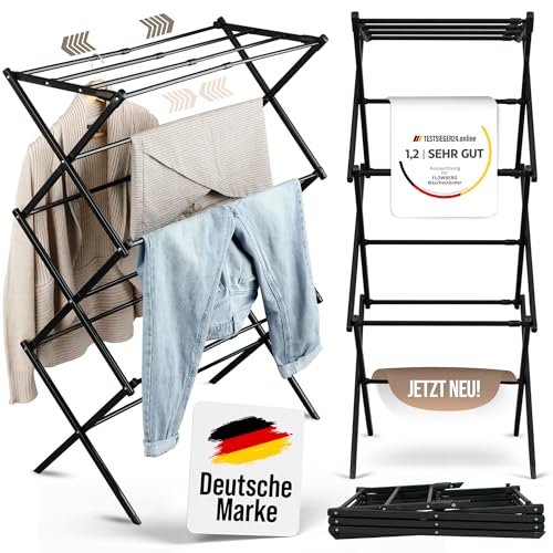 FLOWBERG Wäscheständer | Faltbar & Ausziehbar | Platzsparender Trockenständer | Ideal für Kleine Räume | Leichtes Design | Einfache Montage (schwarz)