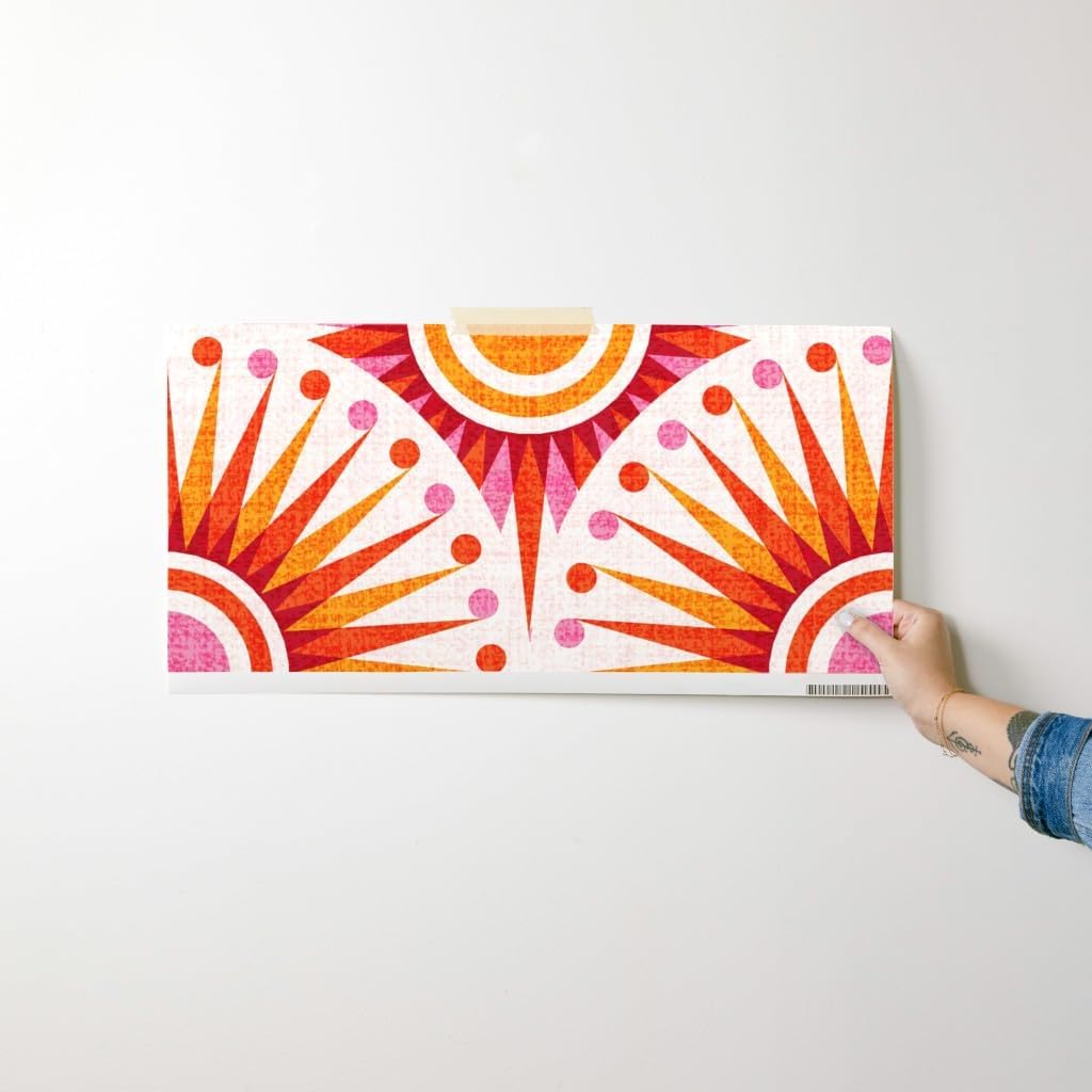 Spoonflower Peel & Stick Wallpaper Swatch - Retro Orange Sun Boho Pink Red Yellow Sunset Sunrise Large Scale Custom Removable Wallpaper