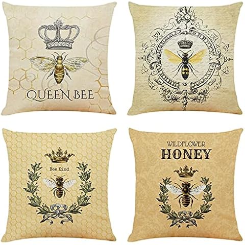 Outdoor Cushion Cover Square 45x45 cm Crown Bee, Scatter Garden Throw Pillow Case Outside Bench Sofa Furniture Patio Couch Indoor Balcony Decor, Soft Cotton linen 18"x18" Set of 4 Cover