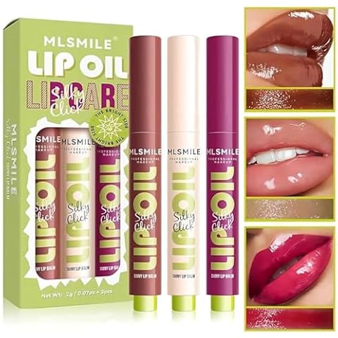 3 Colors Fat Lip Oil Click Slick,Non-stick and High Pigment Lip Glow Oil, Lightweight Lip Plumper with Coconut Oil,Moisturizing and Long-lasting Lip Balm (Set: B) Cover