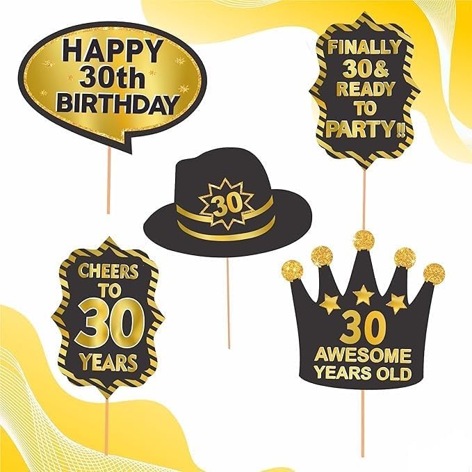Generic 30th Birthday Photo Booth Party Props, Birthday Party Decoration, Birthday Party Item (Pack of 1) Colour : Black & Golden
