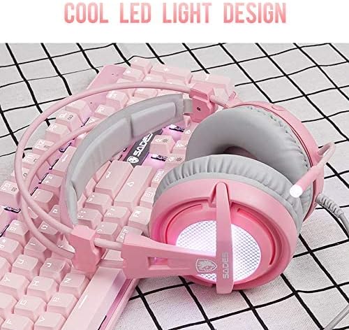 SADES USB 7.1 Stereo Surround Sound Gaming Headset with Mic, LED Light & Noise Cancelling Over Ear Headphones,Cute Bass Headphones with Volume Control for PC MAC-Pink