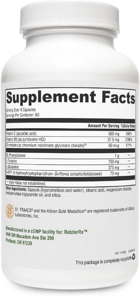 HormoneSynergy Crave Control by RetzlerRx - Support to Help Curb Appetite and Combat Cravings - Chromium, DL-Phenylalanine, L-Glutamine, Vitamin B6 + 5-HTP for Mood & Appetite Support (240 Capsules)