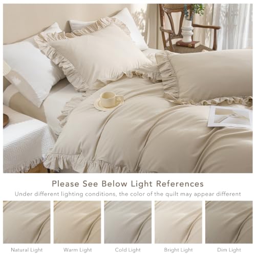 Image of QSH Washed Cotton Queen Duvet Cover Set Ruffle Duvet Cover Linen Textured Farmhouse Shabby Vintage Chic Bedding Comforter Cover 3 Pieces Aesthetic French Country Queen Bed Set