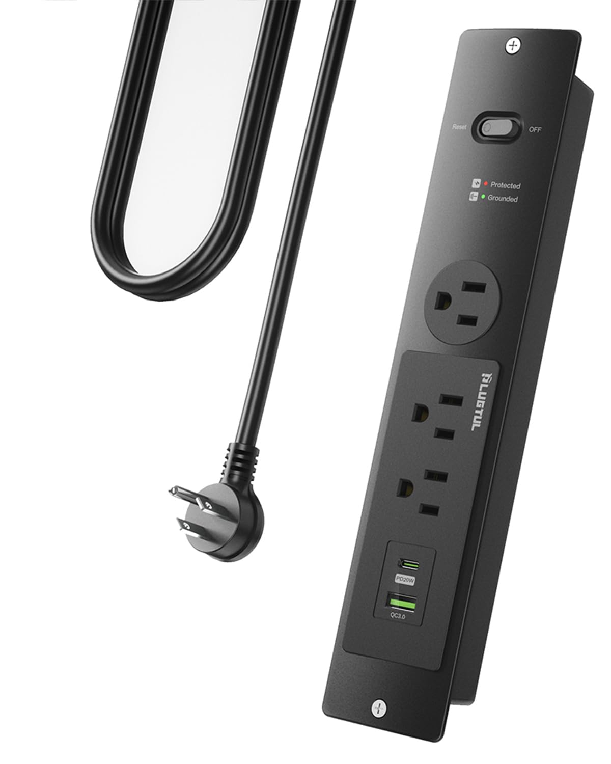 PLUGTUL Recessed Power Strip 6 FT, Flush Mount, PD 20W Fast Charging, Flat Plug, 14 Gauge, 980J Surge Protector, Black Recessed Power Strip with USB C