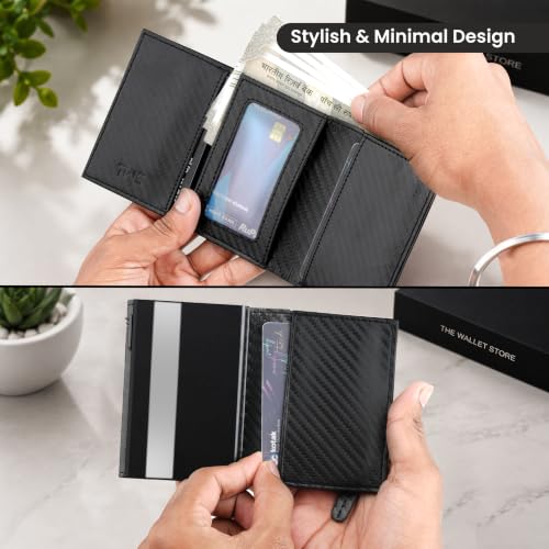 Image of The Wallet Store Defender RFID Protected Wallet | Pop-up Card Holder | Scan Proof Wallets for Men | Aluminium Case | Up to 8 Cards | Credit & Debit Card Holder (Carbon Fibre Edition)