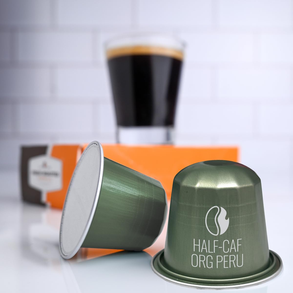 Fresh Roasted Coffee, USDA Organic Peru WP Half-Caf Espresso Pods for Nespresso OriginalLine | 3rd Party Tested for Pesticides, Mold, Mycotoxins | Kosher | 60 Recyclable Aluminum Capsules