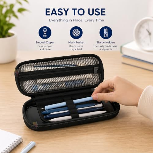 Image of WISHKEY Hard Shell EVA Pencil Box for Kids Large Capacity Pencil Case with Mesh Pocket, Elastic Pen Holders & Dual Zipper Water Resistant Stationery Organizer for Boys & Girls Space Theme