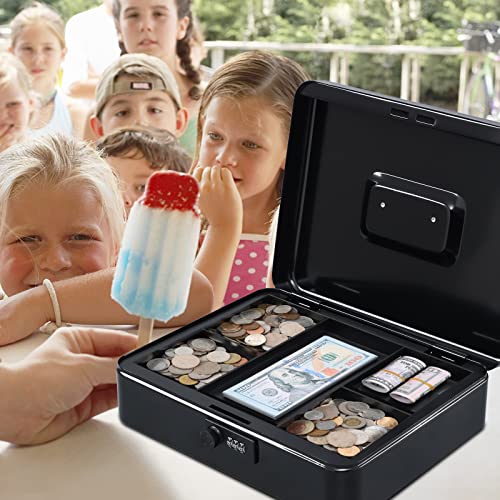 Image of KYODOLED Metal Cash Box with Combination Lock Money Box for Cash Safe Metal Box with Money Tray for Security Lock Box 11.81 inchx 9.45 inchx 3.54 inch Black X Large
