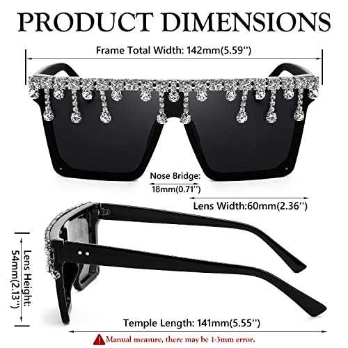 FEISEDY Oversized Square Trendy Sunglasses Womens Crystal Tassels Sparkling Shades Flat Top Visor B29762