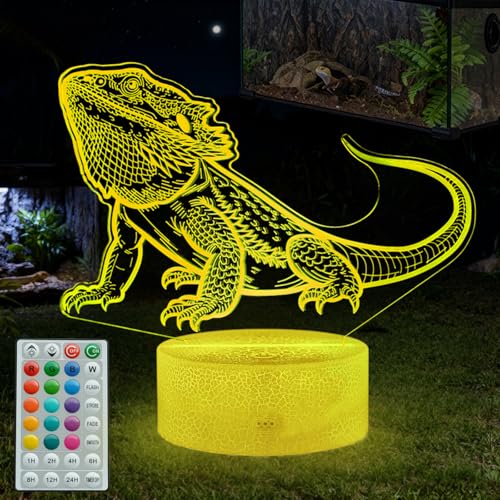 POSSHE Bearded Dragon Night Light, Bearded Dragon Gifts, 3D Illusion Night Light with 16 Colors Changing, Remote Control with Timer, Kids Room Decoration for Holiday Birthday Christmas