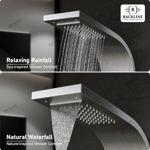 Image of Backline shower panel | 7 In 1 Shower System 304 Grade Stainless Steel | Shower With Storage Shelf, LED Rainfall Shower,Hot & Cold Adjustable,Massage Spray,Hand Shower & Water Spout