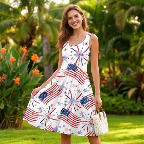 Image of Women's Casual Loose Sundress Midi Sleeveless Crewneck Dress Summer Beach Tank Dress with Pockets