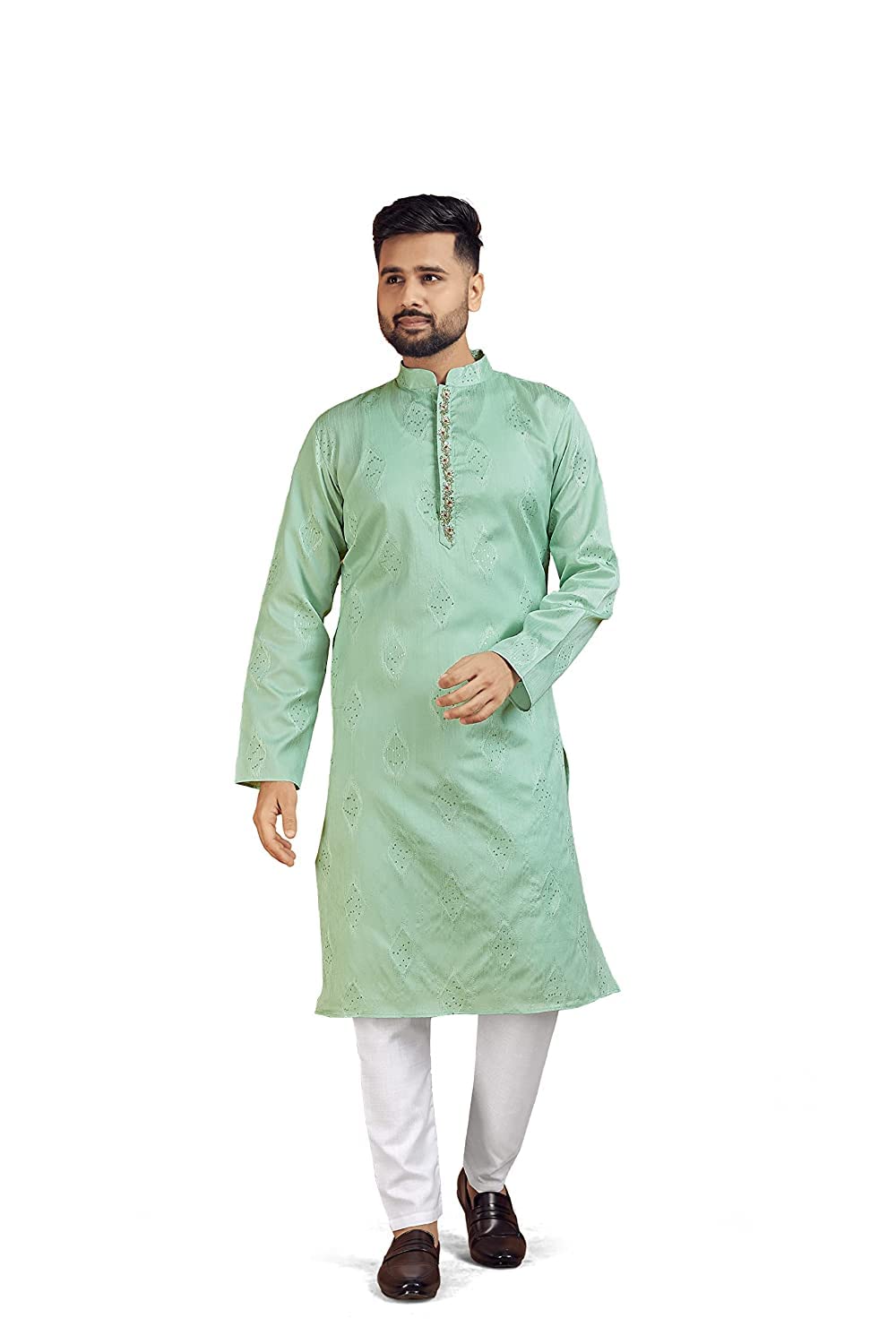 GenericIkhodal Fashion Men's Traditional Jacquard Silk Sequence Butti Work Full Sleeve Collar Neck Wedding Look Reguler Fitt Kurta Pajama Set (Pista) (XX-Large)