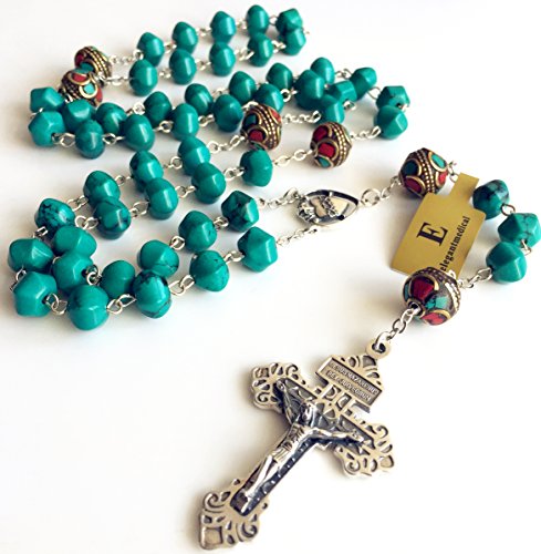 elegantmedical Turquoise TIBET COPPER BEADS STERLING 925 SILVER ROSARY NECKLACE Catholic4