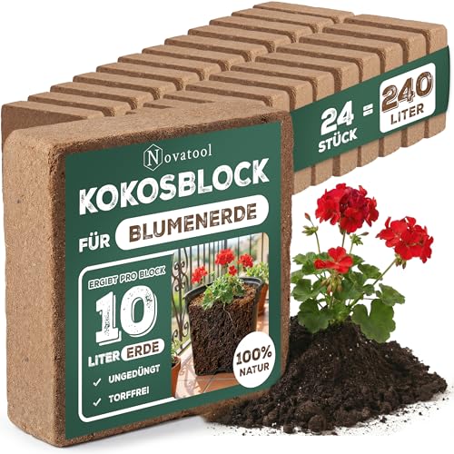 24x Novatool Kokosziegel Humusziegel Kokoserde mit Beutel Blumenerde Zimmerpflanzen |240 Liter | 750g 19x18x5cm Gartenerde Kokosziegel fein Quelltabletten Kokos Steu und Substrate Kokosblumenerde