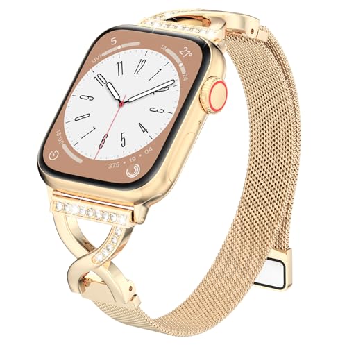 BRG Thin Mesh Loop Apple Watch Band 44mm/45mm – Golden with Diamond Magnetic Clasp