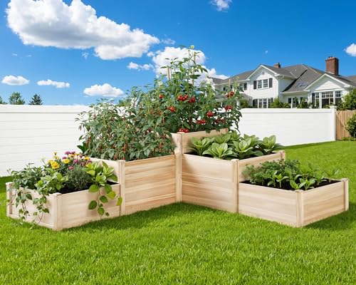 SPECRAFT Raised Garden Bed 3-Tier Outdoor Planter Box Fir Wood with Dividers Shape Adjustable Tool-Free Assembly Ideal for Growing Vegetables Herbs & Flowers