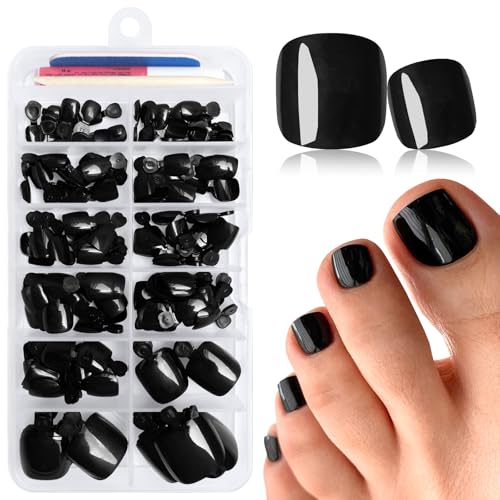 LuckForever 168pc Press on Toenails Women Fake Toe Nails with Adhesive Tabs, Black Fake Toenails Press on Nails Toe Acrylic Nail Tips Short Square Toenails Artificial Toe Nails Press ons