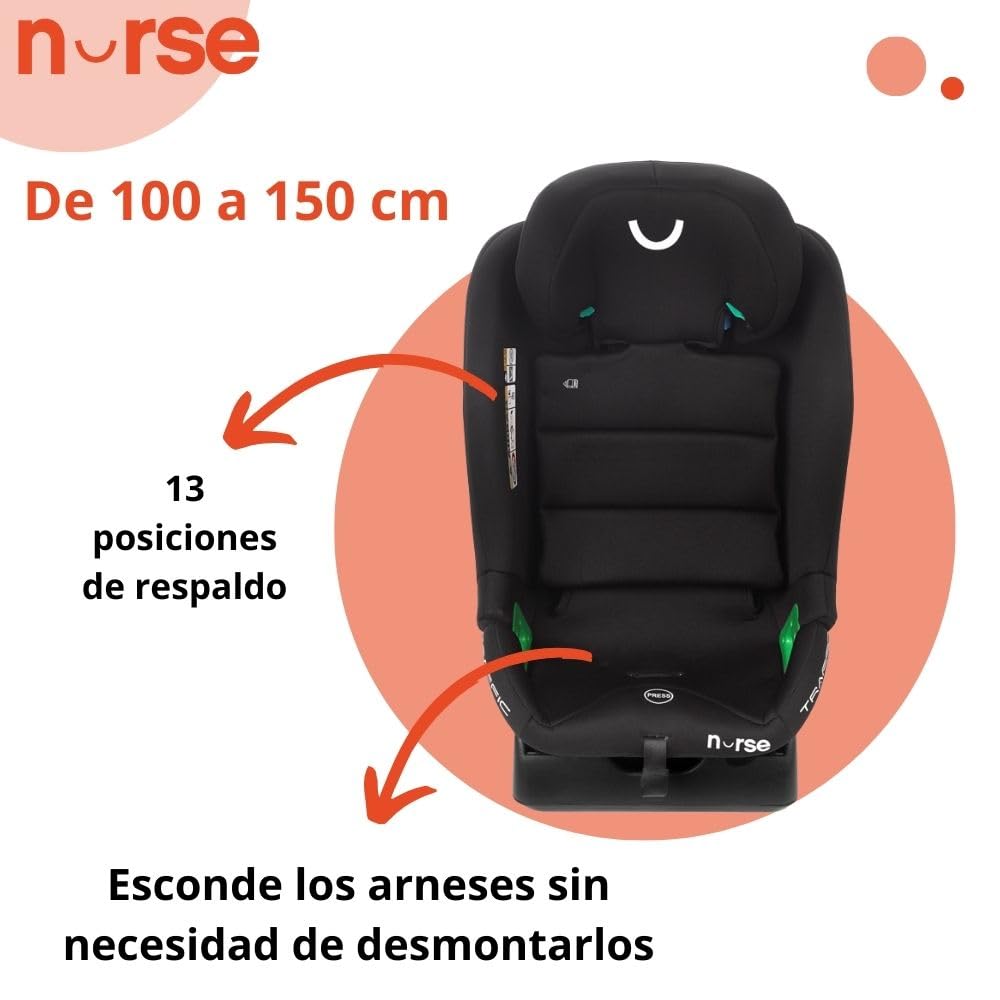 Nurse Traffic Silla de Coche i-Size 40-150 cm, 0-12 Años, Sin Isofix, Contramarcha, Reclinable, con Reductor, Instalación con Cinturón, Negro
