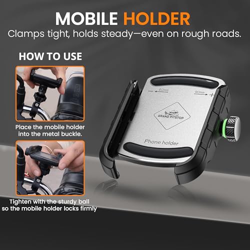 Image of GRAND PITSTOP Bike Mobile Holder | (Silver - Jaw Grip 360) | Aluminium Clamp for Scooters, Bikes, Bicycles | Sturdy GPS Phone Mount | Shockproof, Firm Hold for Navigation