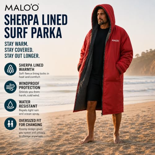 Image of Malo'o Adult Sherpa Lined Surf Parka Changing Robe, Waterproof & Windproof Swim Parka, Long Sleeve Hooded Dry Robe