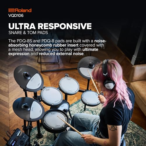 Image of Roland VQD106 V-Drums | Revolutionary 5-Piece Electronic Quiet Design Drum Kit | Perfect for Home Practice | Up To 75% Noise Reduced Pads | TD-07 Sound Module | Bluetooth Connectivity | Up to 75% Noise Reduction, Td-07 Module, Pdq-8 Second and Pdq-8 /kdq-8 /cyq-12 Quiet Pads, Bluetooth and USB, (5 Piece)