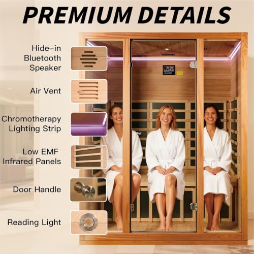 Image of Infrared Sauna,Low EMF,3 Person Sauna,Premium Wood,Indoor Sauna | 1960W /120V infrared heating, BT speaker, chromotherapy LED, reading light, spacious design for comfortable family wellness