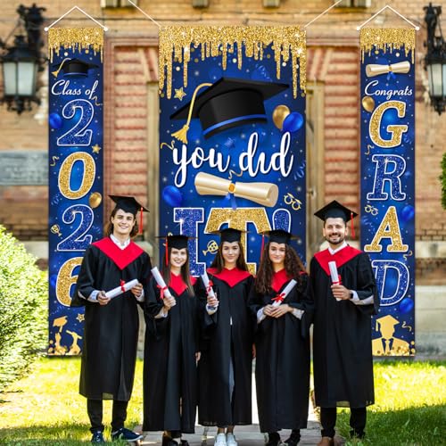 Image of Blue and Gold Graduation Decorations Class of 2026 Congrats Grad Banner and You Did It Graduation Door Cover for High School College Grad Party Supplies(Blue)
