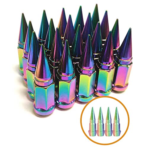 Image of 9 /16-18 Wheel Spike Lug Nuts, Set of 20 Neo Chrome Lug Nut, Cone /Conical Bulge Seat,Closed End Nuts Extended Spike Tuner Wheel Rim Lug Nuts Tire Screw Refit with 4pcs Aluminum Tires Valve Stem