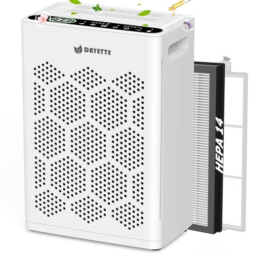 DAYETTE Air Purifiers for Home Large Room Up to 2400 Ft² with HEPA 14 Filter, Pet Air Purifier with Washable filter for Bedroom with Fragrance, Air Cleaner for Smoke Dust Pets Hair Odor, Pearl White