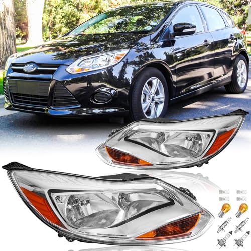 Headlights Assembly Pair with Bulbs for 2012 2013 2014 Ford Focus S SE ST SEL Halogen Head Lamps Replacement Driver and Passenger Side Chrome Housing Amber Reflector