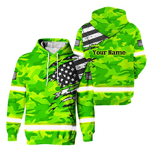 HiVis Custom Safety Hoodie Scratch Green Camo Neon with US Flag Customize Name High Visibility Hoodie for Men Reflective Hoodie Construction Workwear for Runners, Trucker, Operator, Patriotic-S-2XL