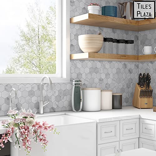 The Tiles Plaza Backsplash Tile For Kitchen Peel And Stick. White Hexagon Marble Self Adhesive Wall Tile. Stone Composite Stick On Decorative Mosaic Tile For Bathroom, Fireplace, 10 Sheets, 9 Sq Ft. #TOP4