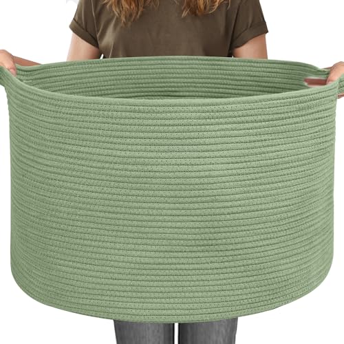 Image of MEGASKET 115L Oversized Green Basket, 23.6 inchx15.7 inch Woven Cotton Rope Bin for Blankets, Nursery Wicker Laundry Hamper, Kids Toy Storage Bin, Sage Green Living Room Bedroom Decor Baskets for Organizing