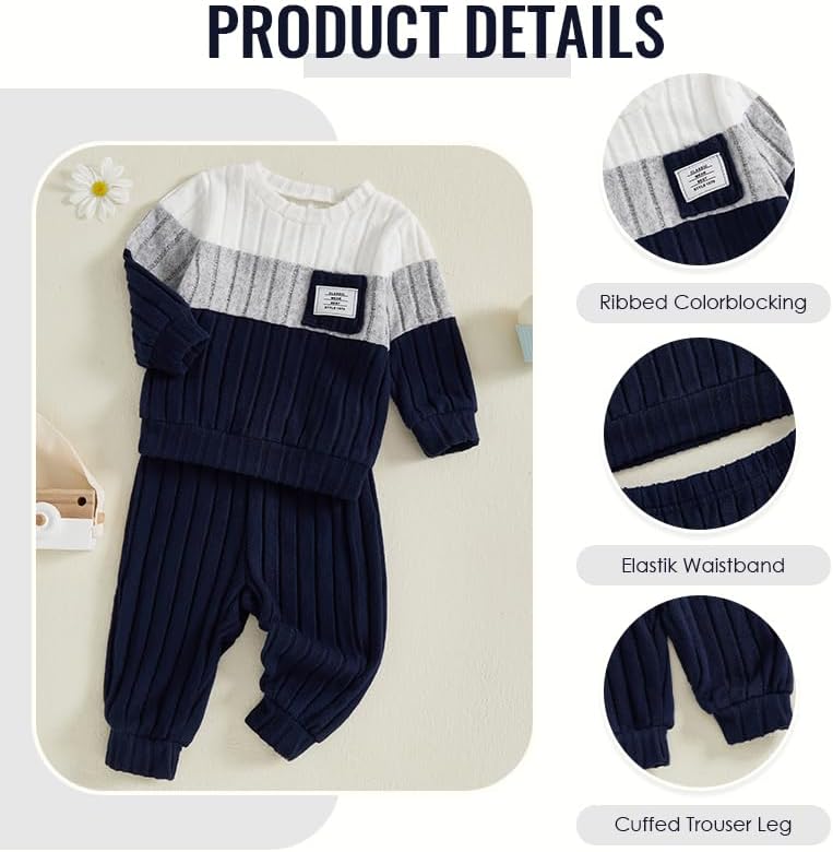Toddler Baby Boy Fall Clothes Color Block Patchwork Long Sleeve Pullover Top and Pants 2Pcs Set Winter Outfits - Image 5