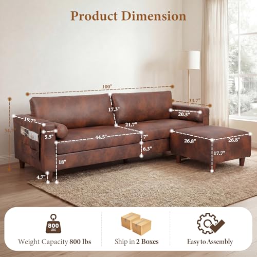 Image of Vesgantti 100 inch PU Faux Leather Couch with Movable Ottoman, Large 3 Seater L Shaped Leather Sectional Sofa with Side Pocket, Comfy Mid Century Modern Modular Sofa for Living Room, Apartment, Cocoa