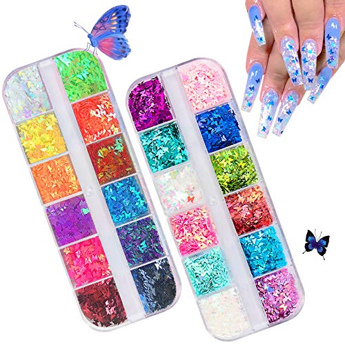 3D Holographic Butterfly Nail Glitter, UVANKAUP 24 Colors/Set Butterfly Nail Sequin Flake Laser Butterfly Nail Glitter Sequins Acrylic Paillettes for Nail Art Decoration & DIY Crafting