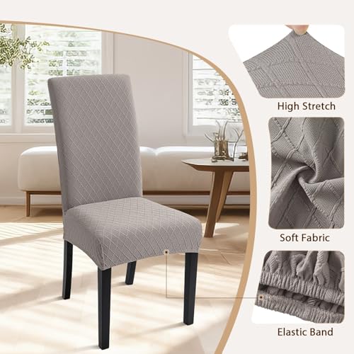 Image of SearchI Dining Room Chair Covers Set of 2, Stretch Jacquard Parsons Chair Slipcovers Removable Washable Kitchen Chair Protector Cover for Dining Room, Hotel, Ceremony (Taupe Rhombus)