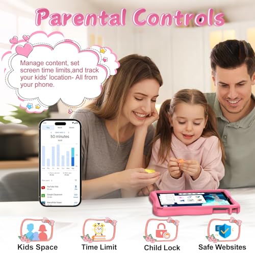 Image of Kids Tablet, Android 15 Tablets for Kids with Octa-Core, 9 inch Toddler Tablet with 12GB 32GB 2TB Expand, 1340*800 IPS Display, Drop-proof EVA Case, Parental Control, Dual Camera, WiFi 6 - Pink