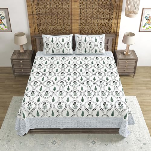Image of BLOCKS OF INDIA Hand Block Printed 200 TC Cotton Super King Size Bedsheet(106 x 106) | Pack of 1, Blue Green Patti