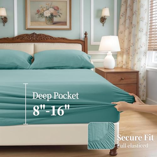 Image of 100% Pure Linen Sheet Set for Hot Sleepers, Breathable Natural Linen Sheets 4pcs, Bedding Set Deep Pocket Up to 16 inch Moisture-Wicking, Softens with Every Wash (Aqua Full)