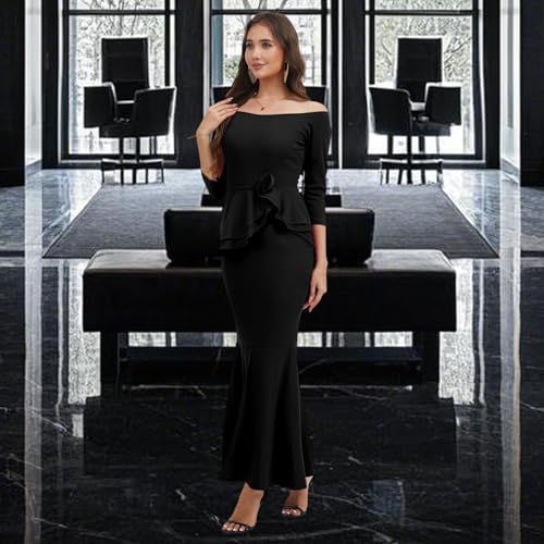 Image of Women's Elegant Formal Mermaid Maxi Dress Off Shoulder Long Sleeve Wedding Split Evening Gown Prom Cocktail Party Dresses