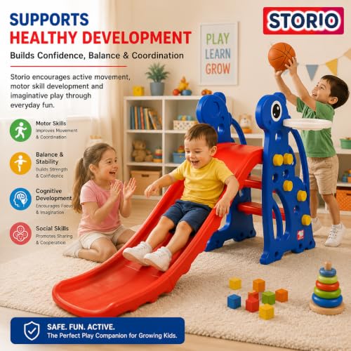Image of Storio Kids Slide with Basketball Hoop Giraffe Themed Indoor & Outdoor Slide for Kids Ages 2-4 | RED & Blue | Safe, Sturdy & Fun Playset | Easy Assembly Toddler Slide for Boys & Girls